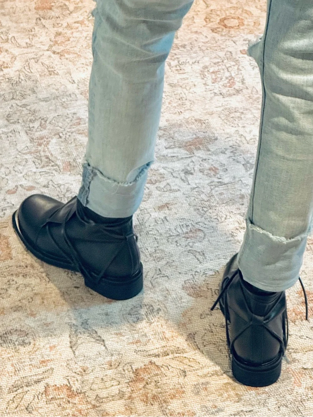 Black Leather Lace-Wrap Ankle Boot